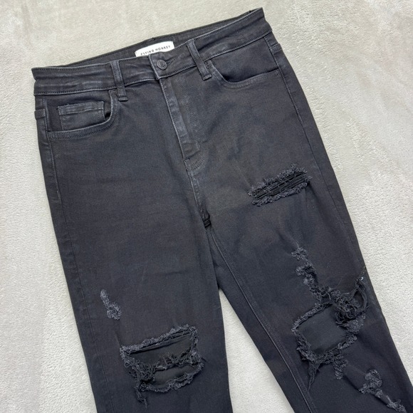 Flying Monkey Jeans Women's 28 Pure Black Distressed High Rise Raw Hem Cropped‎ - Picture 1 of 14